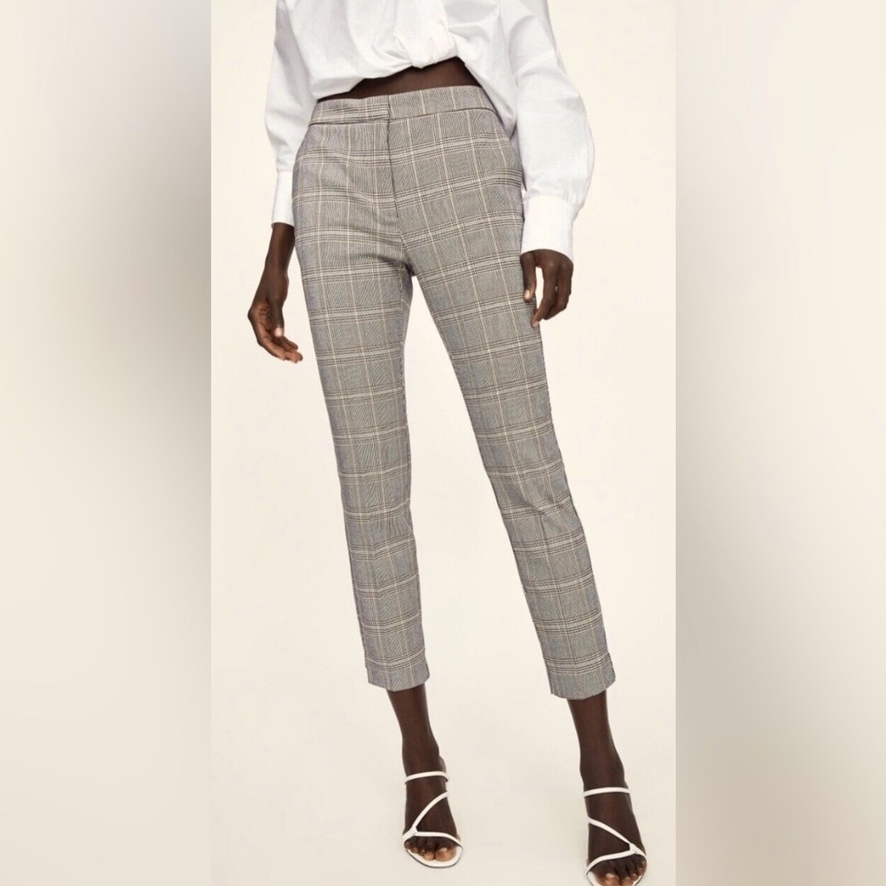 Zara Flat Waist Plaid Tapered Trousers in Navy Tan & Gold